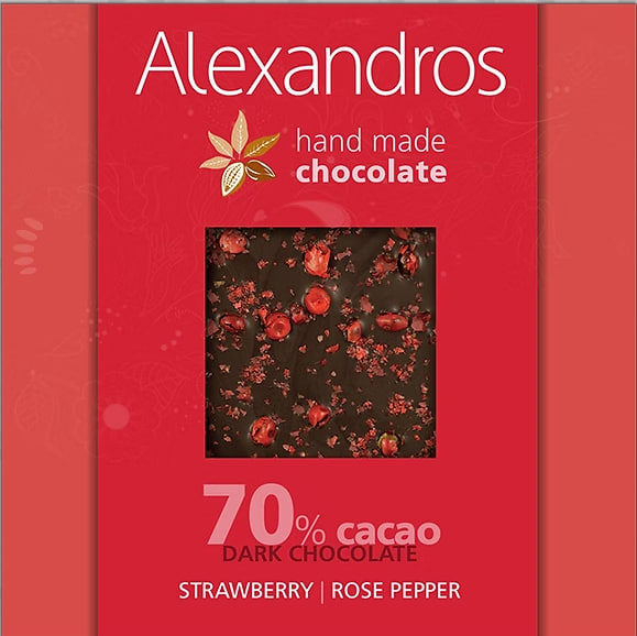 Черный шоколад ручной работы 70% какао с клубникой и розовым перцем "Alexandros"